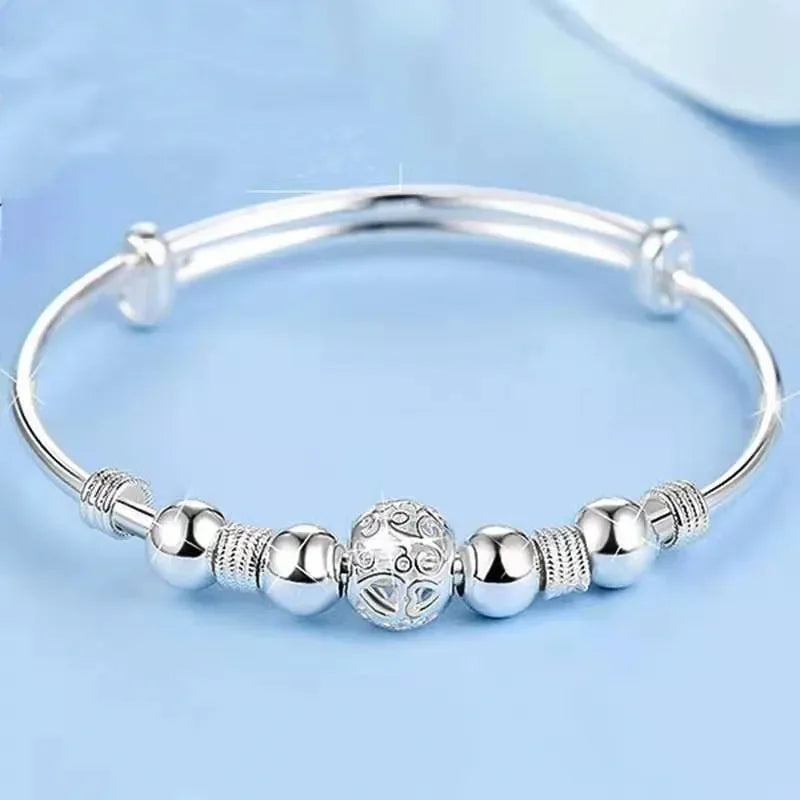 925 Sterling Silver Lucky Charms Bracelet – Adjustable Luxury Beads Bangle for Women