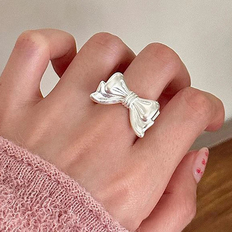 PANJBJ 925 Sterling Silver Bowknot Heart Ring – Adjustable Romantic Minimalist Jewelry Gift for Women
