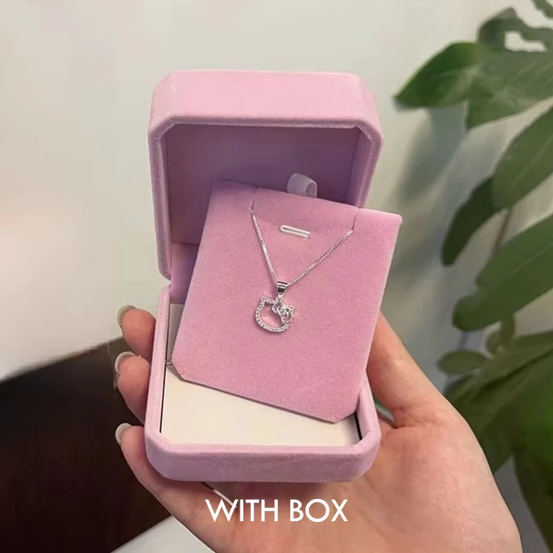 Lovely Hello kitty Sanrio Anime Kids Chain Necklace Cute Cartoon Hollowed Kitty Crystal Ring for Women Girls Birthday Gift
