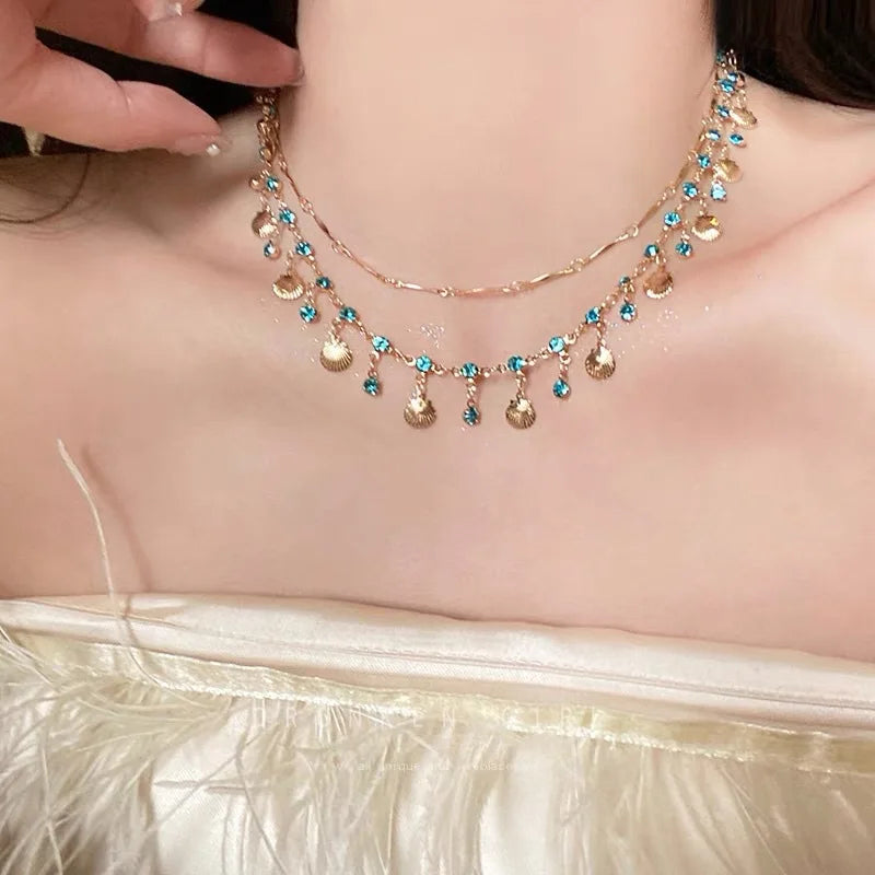 2pc Y2k Jewelry Crystal Blue Butterfly Pendant Choker Necklace Women Statement Collar Chain Layered Fashion Butterfly Necklace