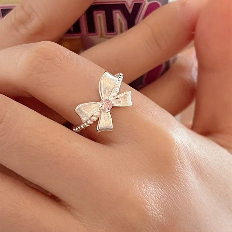 PANJBJ 925 Sterling Silver Bowknot Heart Ring – Adjustable Romantic Minimalist Jewelry Gift for Women