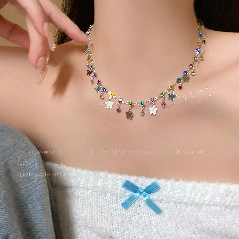 2pc Y2k Jewelry Crystal Blue Butterfly Pendant Choker Necklace Women Statement Collar Chain Layered Fashion Butterfly Necklace
