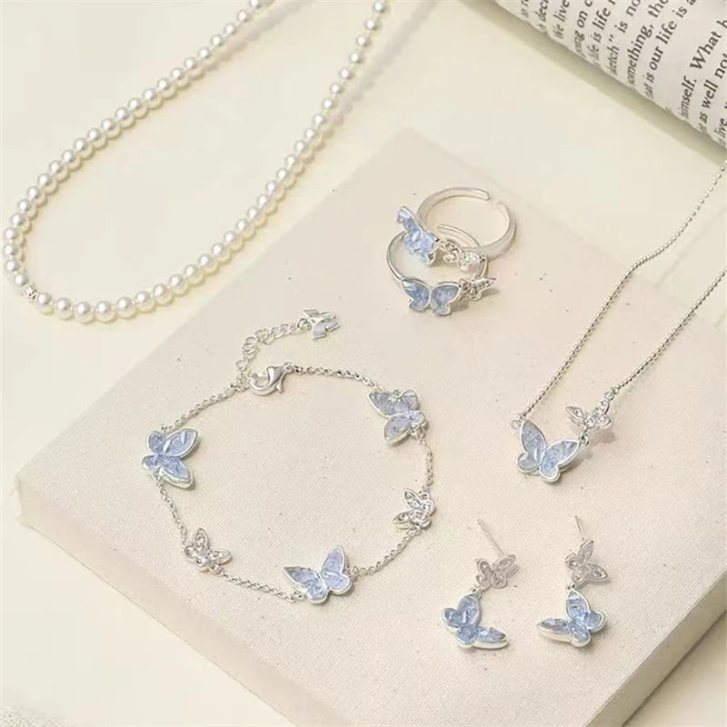 Simple Double Butterfly Blue Rhinestone Necklace Crystal Bracelet Exquisite Earrings Set Ladies Temperament Party Jewelry
