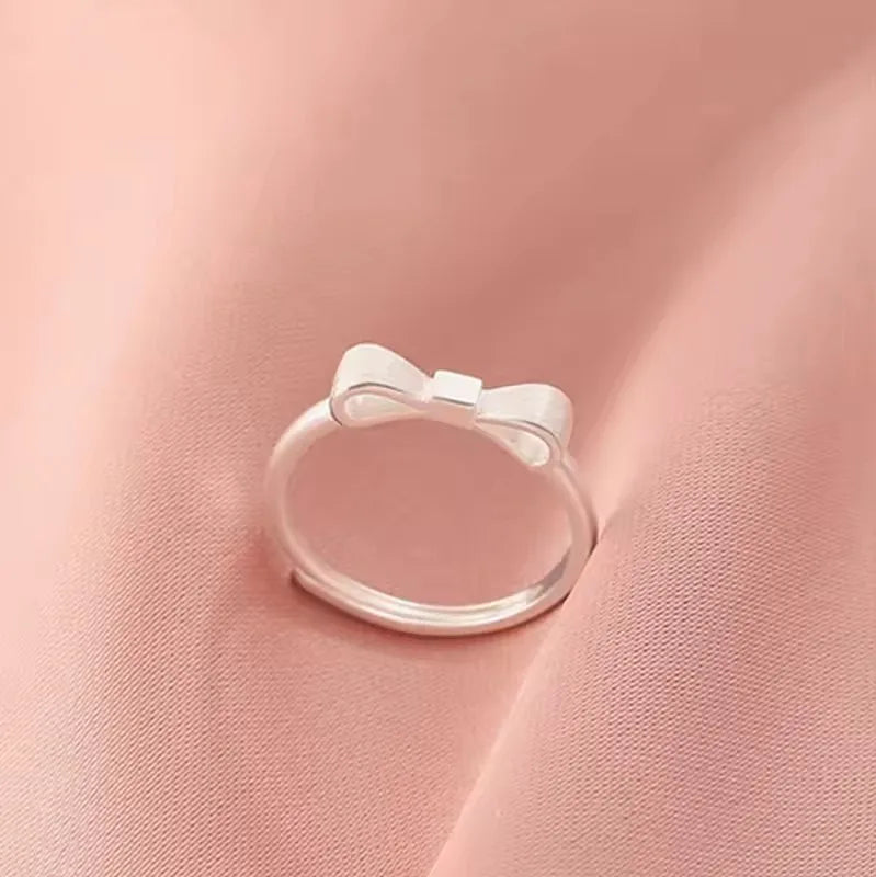 PANJBJ 925 Sterling Silver Bowknot Heart Ring – Adjustable Romantic Minimalist Jewelry Gift for Women