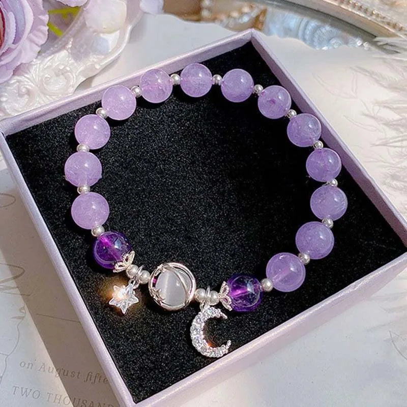 Fashion Crystal Opal Beaded Bracelet for Women Girls Sweet Star Moon Chain Pendant Charm Bracelets Wristband Jewelry Party Gifts