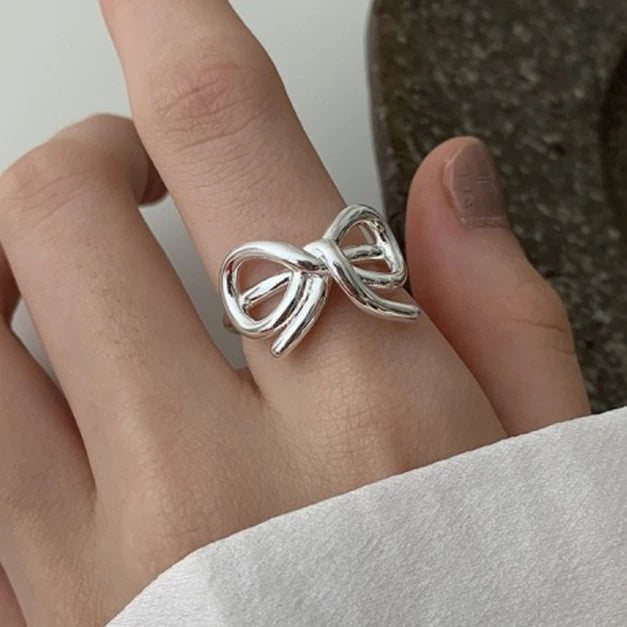 PANJBJ 925 Sterling Silver Bowknot Heart Ring – Adjustable Romantic Minimalist Jewelry Gift for Women