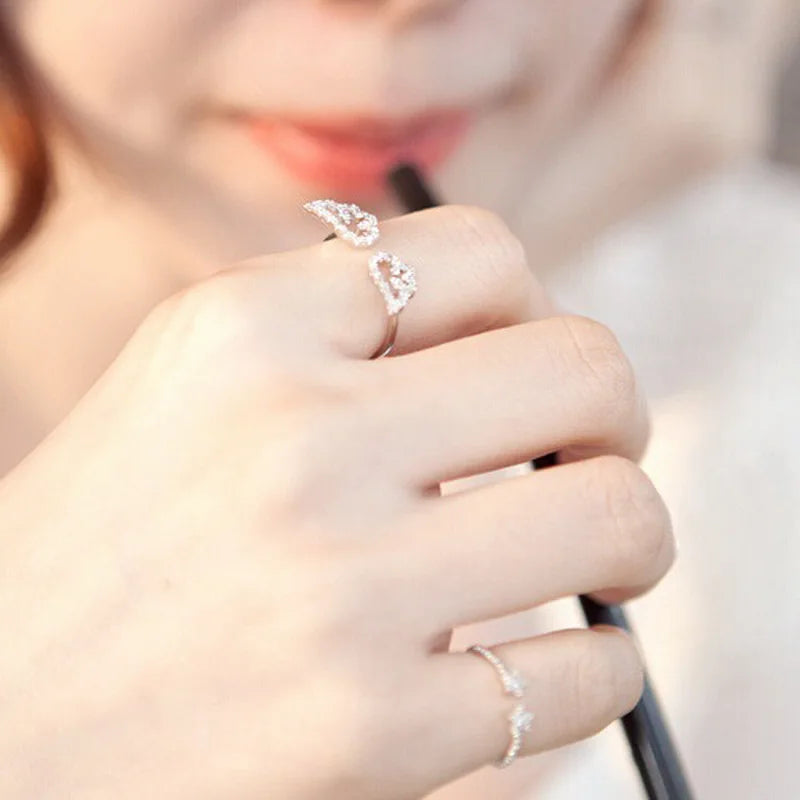 Korean Style Angel Wings Adjustable Ring – Silver Color Rhinestone Finger Jewelry for Women, Party & Birthday Gift