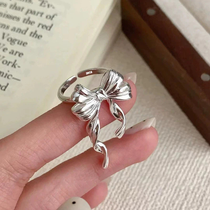 PANJBJ 925 Sterling Silver Bowknot Heart Ring – Adjustable Romantic Minimalist Jewelry Gift for Women