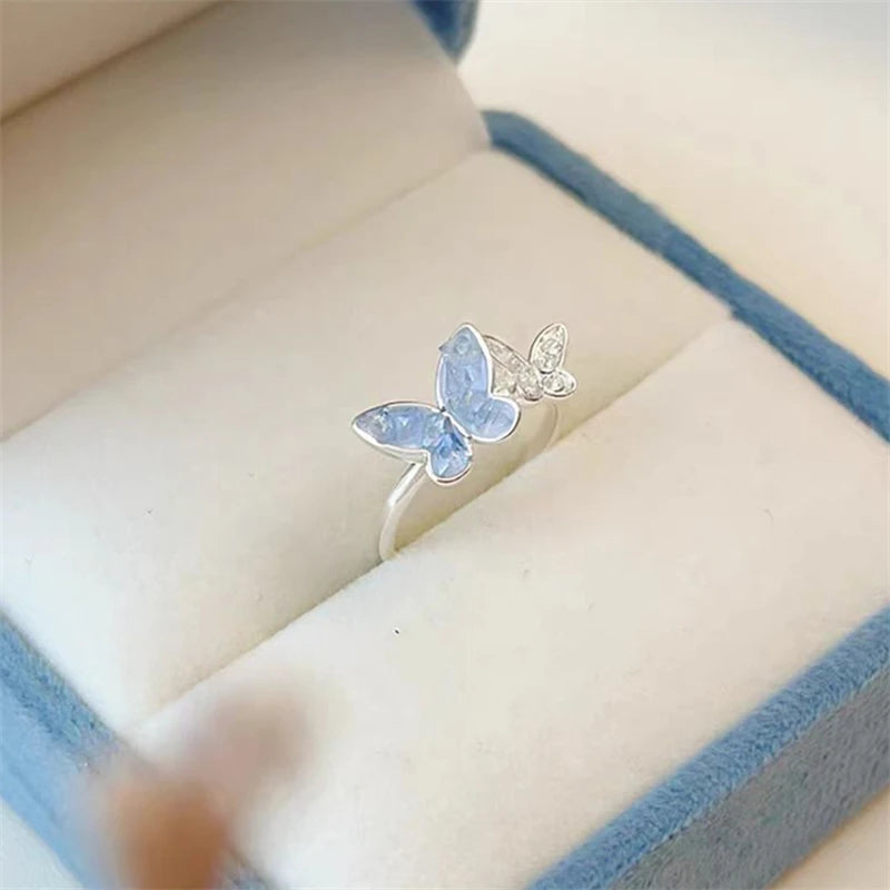Simple Double Butterfly Blue Rhinestone Necklace Crystal Bracelet Exquisite Earrings Set Ladies Temperament Party Jewelry