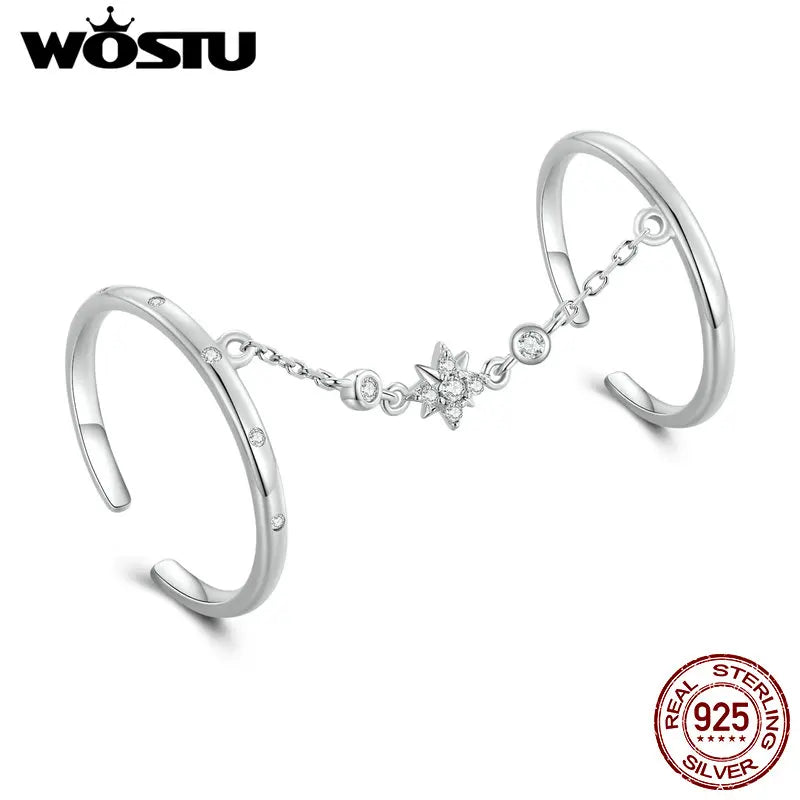 WOSTU Real 925 Sterling Silver Open Chain Ring – Double Circle Link Design for Women | Wedding & Party Jewelry Gift