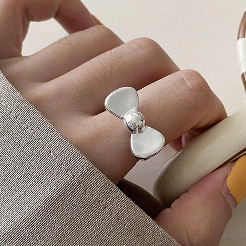 PANJBJ 925 Sterling Silver Bowknot Heart Ring – Adjustable Romantic Minimalist Jewelry Gift for Women