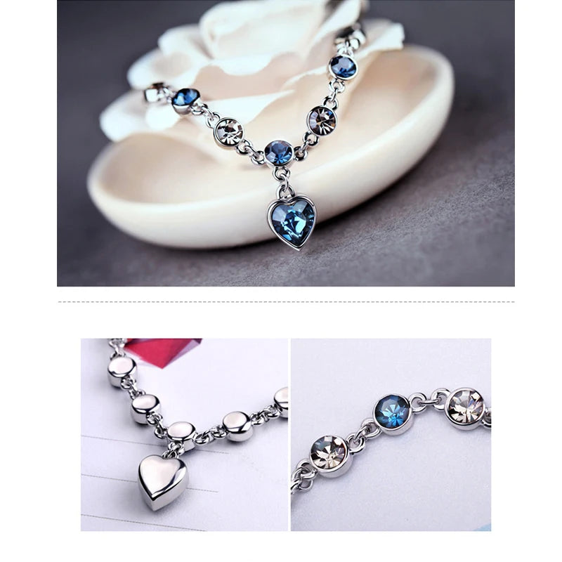 Silver Heart Charm Bracelet – Blue Crystal Lucky Pulsera for Women | Elegant Wedding & Gift Jewelry