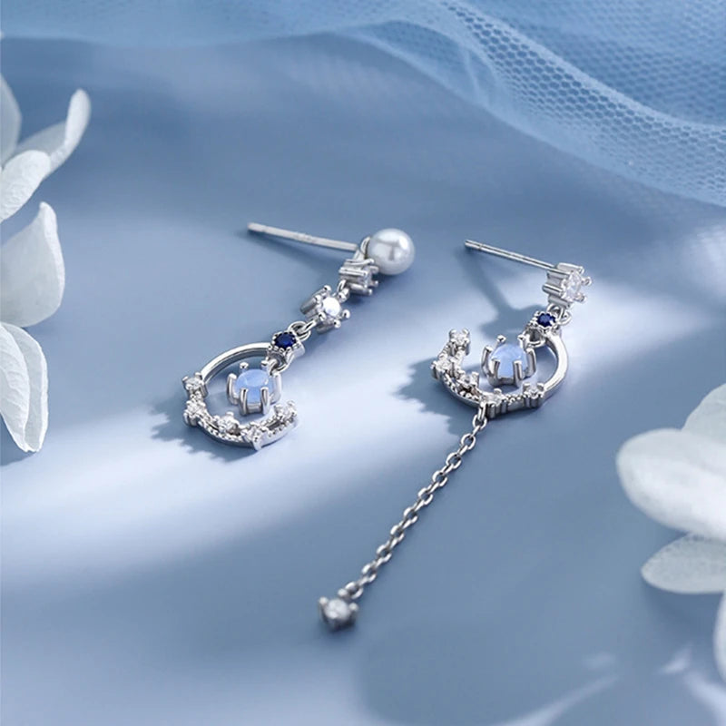 Korean Light Luxury Zircon Moon & Star Asymmetric Stud Earrings – Crystal Cloud Pearl Earrings for Women & Girls