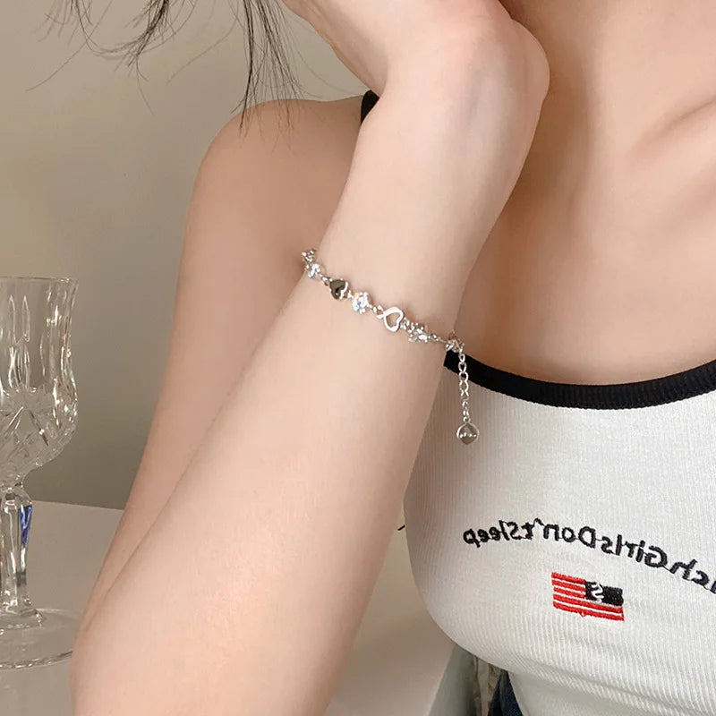 Silver Heart Charm Bracelet – Blue Crystal Lucky Pulsera for Women | Elegant Wedding & Gift Jewelry
