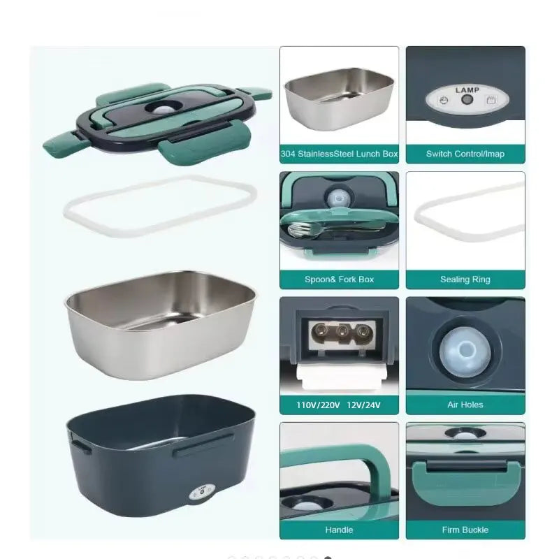 Electric Lunch Box Food Heater – Portable 2-Compartment Food Warmer for Car & Home, Leak-Proof, 110V/220V