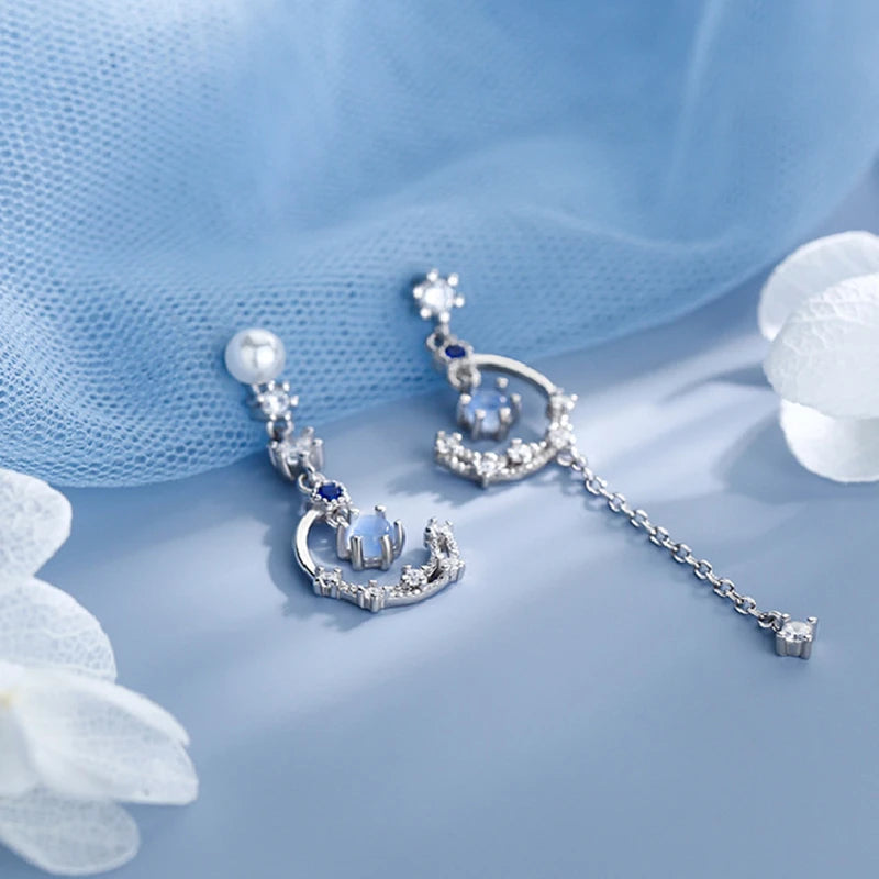 Korean Light Luxury Zircon Moon & Star Asymmetric Stud Earrings – Crystal Cloud Pearl Earrings for Women & Girls