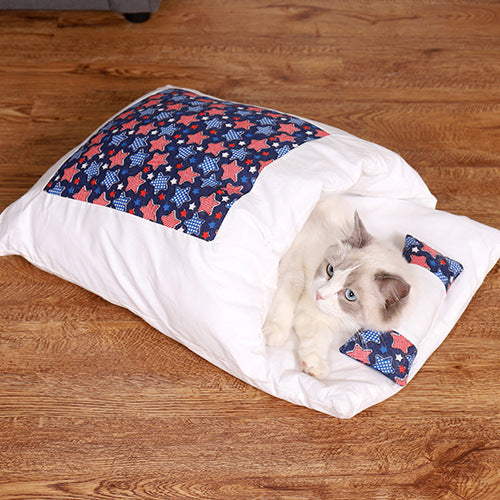 Japanese Cat Bed Warm Cat Sleeping Bag Deep Sleep Winter Removable Pet Dog Bed House Cats Nest Cushion with pillow