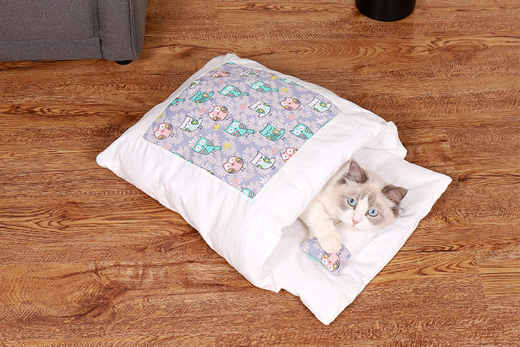 Japanese Cat Bed Warm Cat Sleeping Bag Deep Sleep Winter Removable Pet Dog Bed House Cats Nest Cushion with pillow