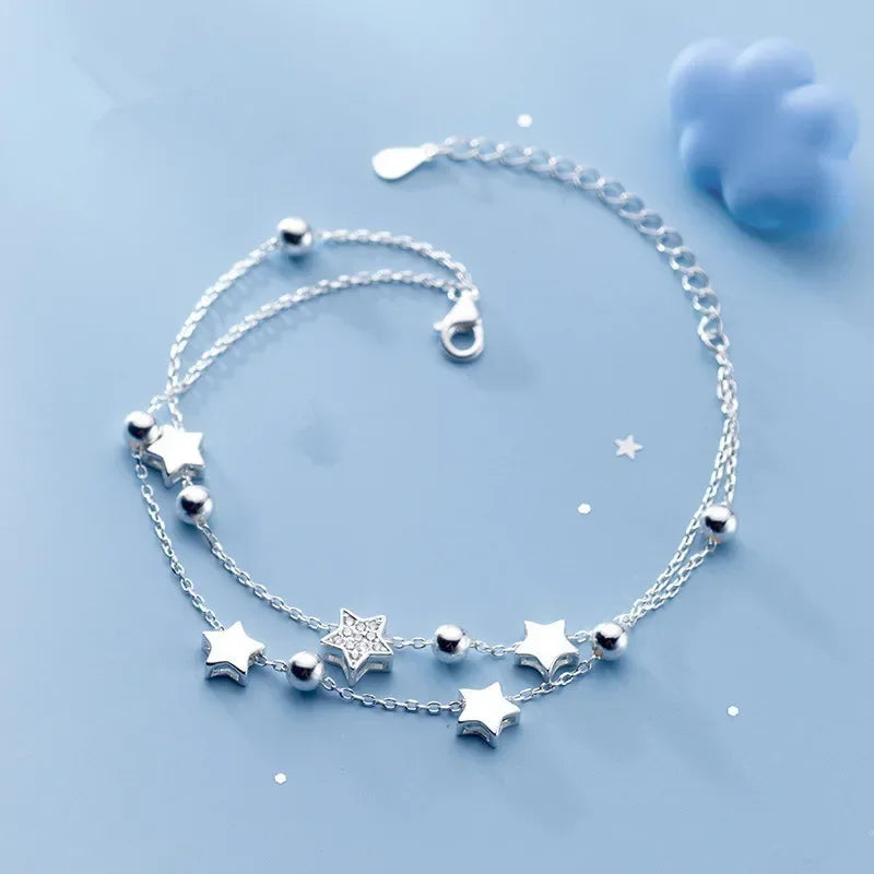 925 Sterling Silver Double Star Crystal Bracelet – Korean Fashion Jewelry for Women & Girls, Wedding & Gift Ready