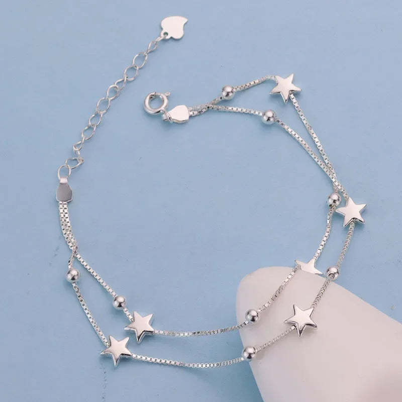 925 Sterling Silver Double Star Crystal Bracelet – Korean Fashion Jewelry for Women & Girls, Wedding & Gift Ready