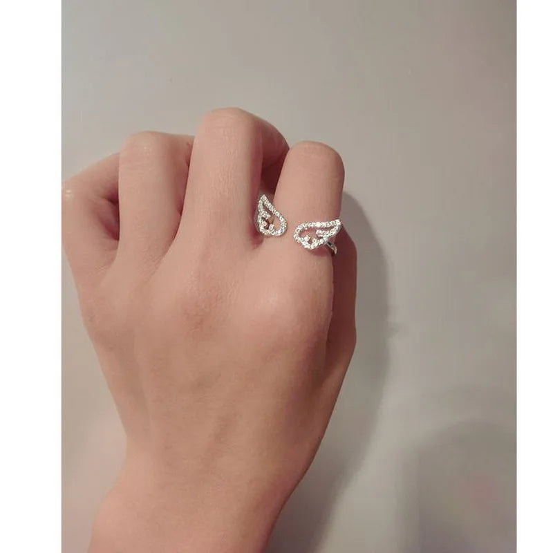 Korean Style Angel Wings Adjustable Ring – Silver Color Rhinestone Finger Jewelry for Women, Party & Birthday Gift