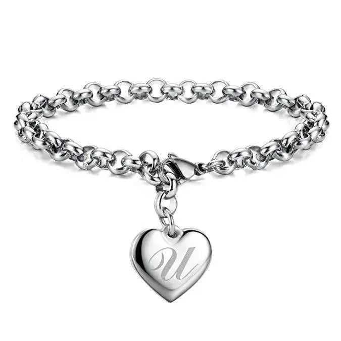 925 Sterling Silver Heart & Letter Charm Bracelet – Elegant A-Z Chain Jewelry for Women | Wedding, Party, Gift