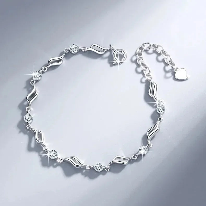 925 Sterling Silver Heart Necklace & Bracelet Set – Vintage Korean Blue Crystal Jewelry for Women | Party Gift Set