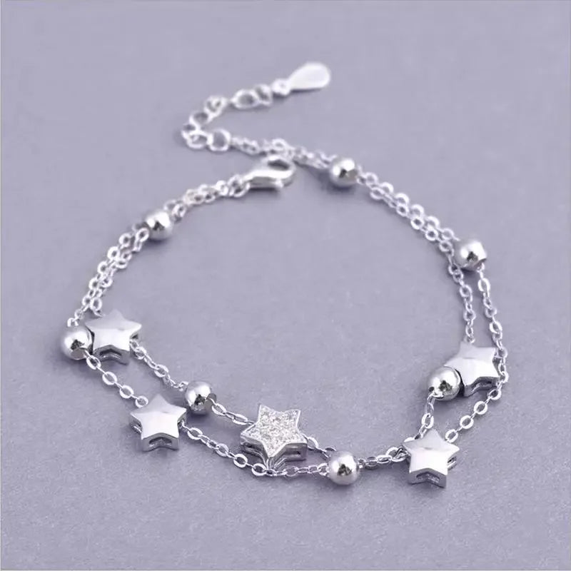 925 Sterling Silver Double Star Crystal Bracelet – Korean Fashion Jewelry for Women & Girls, Wedding & Gift Ready