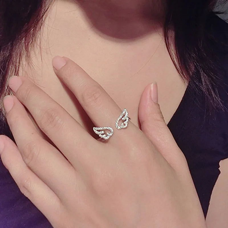 Korean Style Angel Wings Adjustable Ring – Silver Color Rhinestone Finger Jewelry for Women, Party & Birthday Gift