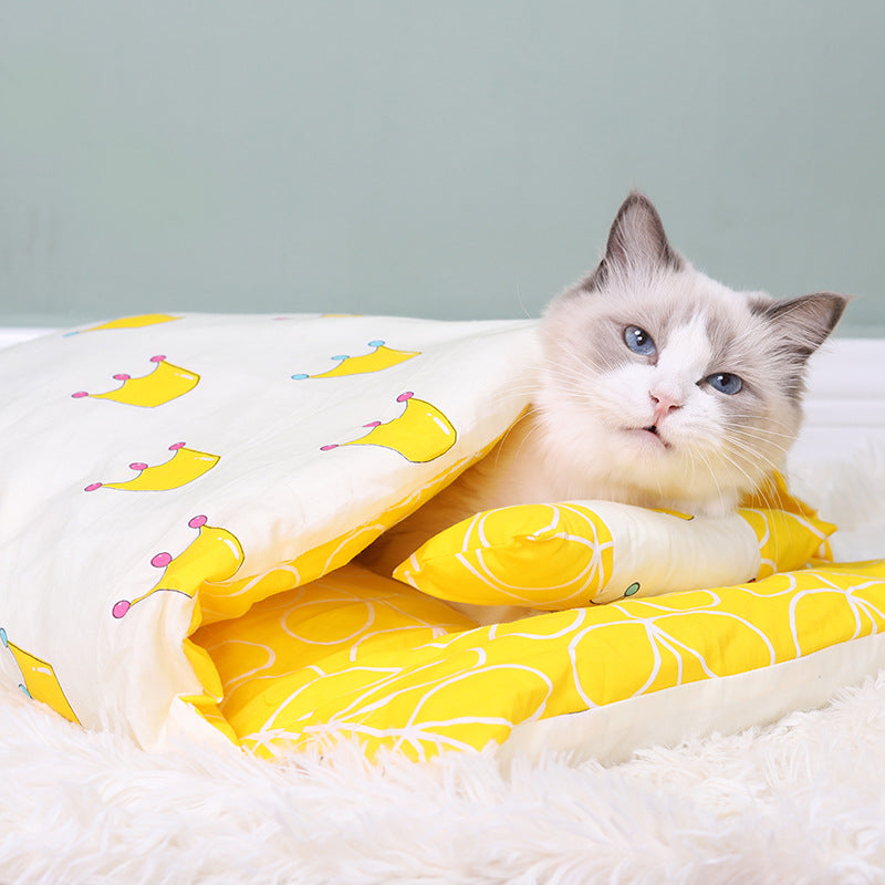 Japanese Cat Bed Warm Cat Sleeping Bag Deep Sleep Winter Removable Pet Dog Bed House Cats Nest Cushion with pillow