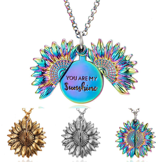 Cross-border hot item You Are My Sunshine Sunflower Necklace Openable Engraving Double-sided Pendant Necklace