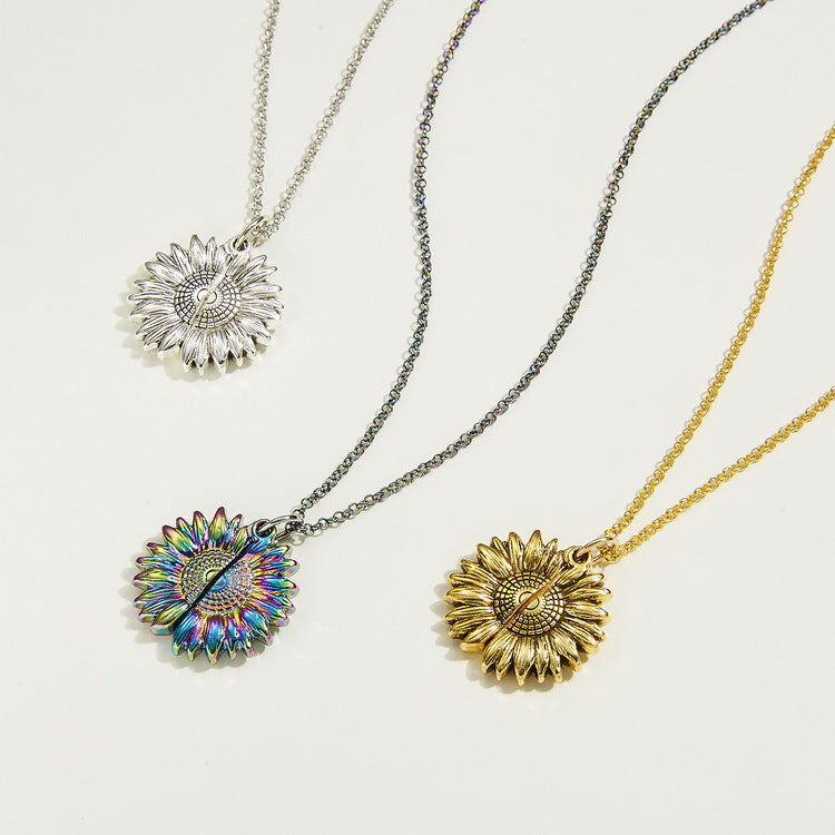 Cross-border hot item You Are My Sunshine Sunflower Necklace Openable Engraving Double-sided Pendant Necklace