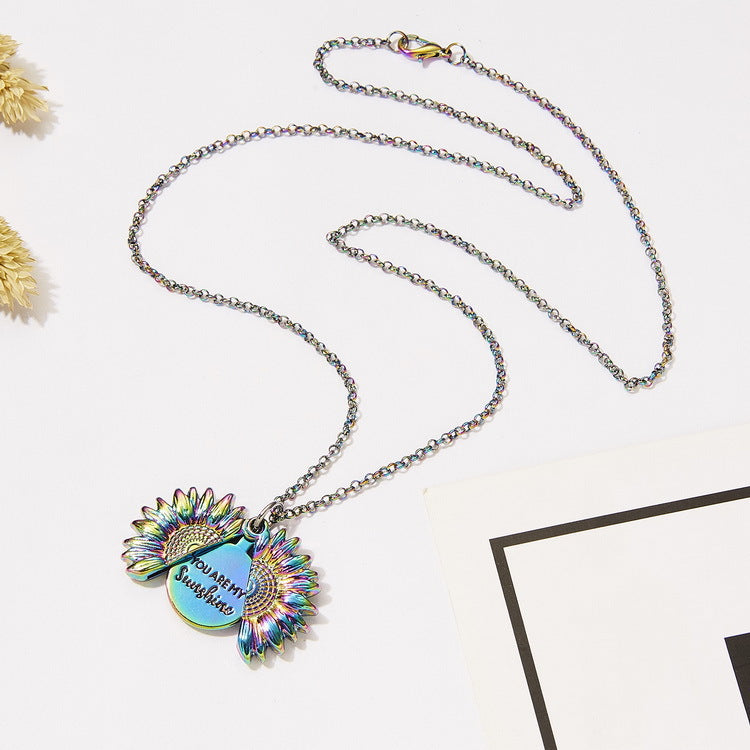 Cross-border hot item You Are My Sunshine Sunflower Necklace Openable Engraving Double-sided Pendant Necklace