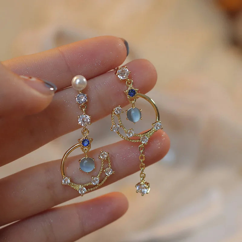 Korean Light Luxury Zircon Moon & Star Asymmetric Stud Earrings – Crystal Cloud Pearl Earrings for Women & Girls