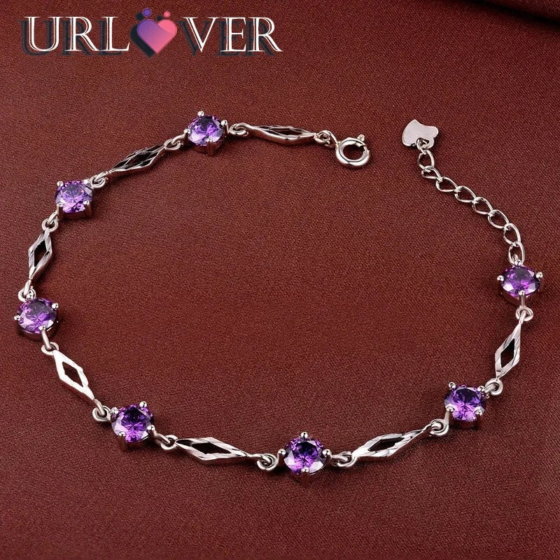 URLOVER 925 Sterling Silver Fashion Women Bracelets Purple Zircon Charm Bracelet Fine Jewelry Accessories Gift For Wedding Party