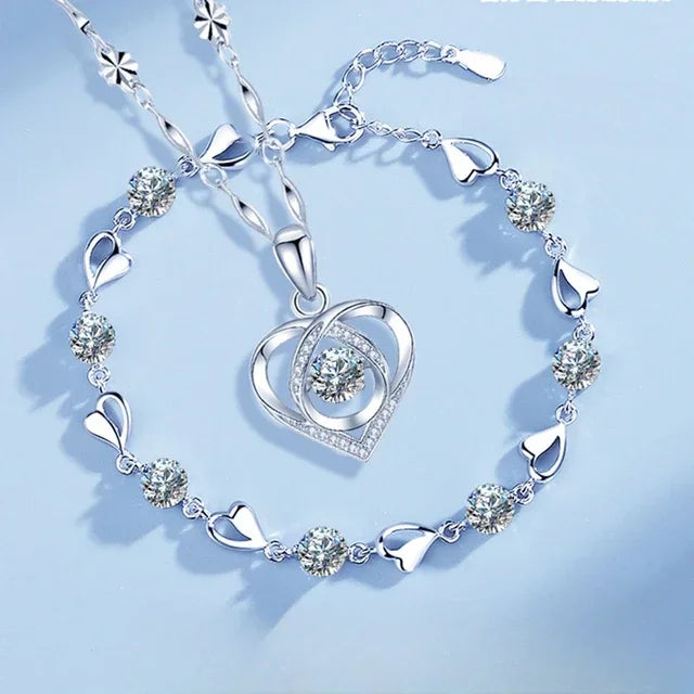 925 Sterling Silver Heart Necklace & Bracelet Set – Vintage Korean Blue Crystal Jewelry for Women | Party Gift Set