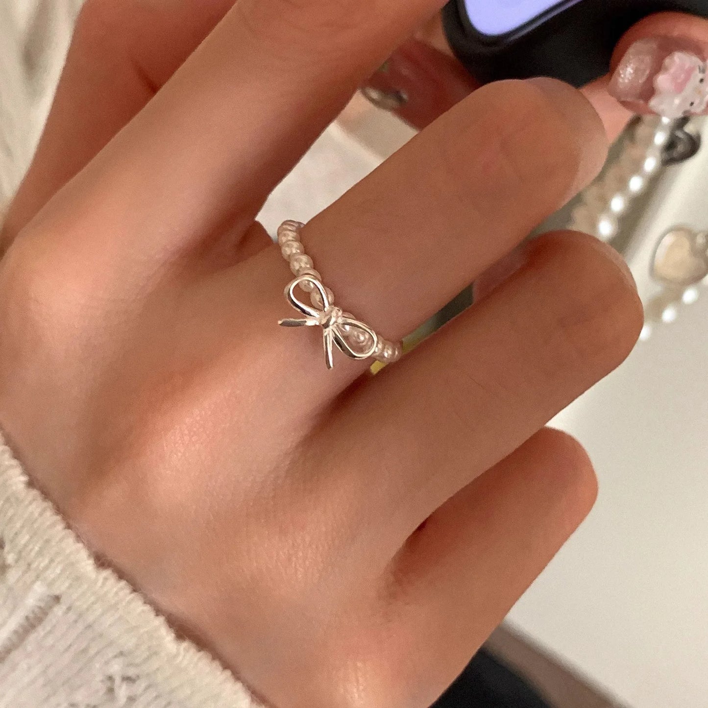 PANJBJ 925 Sterling Silver Bowknot Heart Ring – Adjustable Romantic Minimalist Jewelry Gift for Women