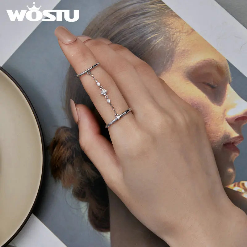 WOSTU Real 925 Sterling Silver Open Chain Ring – Double Circle Link Design for Women | Wedding & Party Jewelry Gift