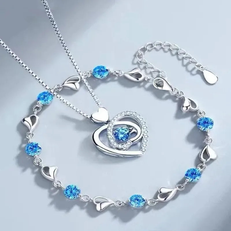 925 Sterling Silver Heart Necklace & Bracelet Set – Vintage Korean Blue Crystal Jewelry for Women | Party Gift Set