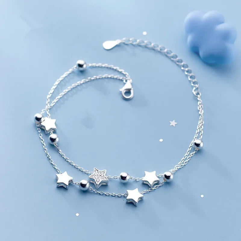 925 Sterling Silver Double Star Crystal Bracelet – Korean Fashion Jewelry for Women & Girls, Wedding & Gift Ready