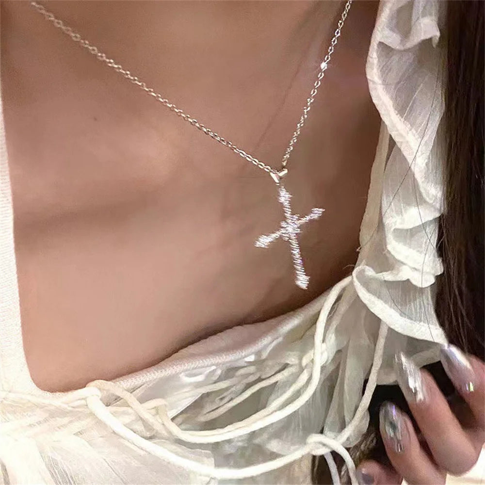 Elegant Crystal Cross Pendant Necklace – Silver Color Star Necklace for Women | Fashion Party Jewelry Gift Wholesale