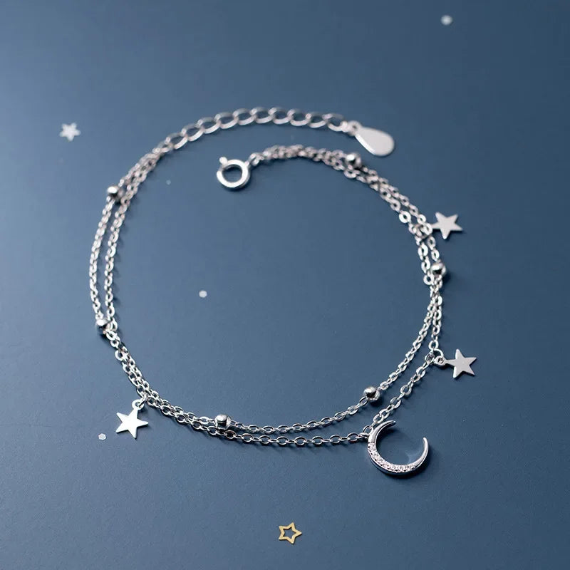925 Sterling Silver Double Star Crystal Bracelet – Korean Fashion Jewelry for Women & Girls, Wedding & Gift Ready