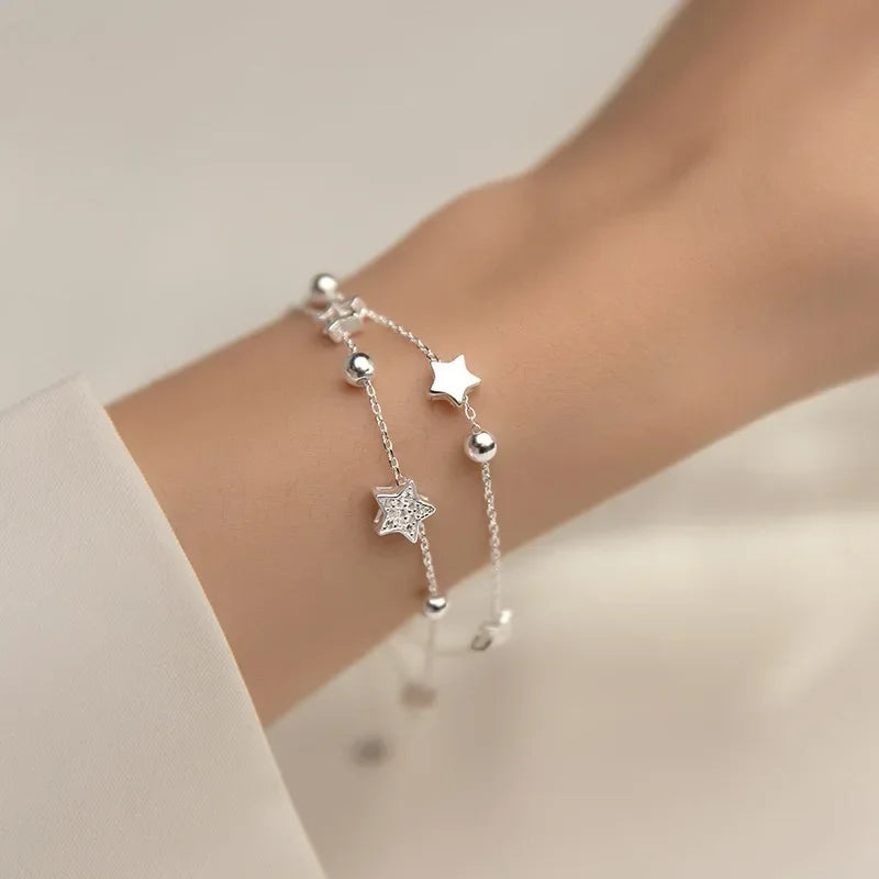 925 Sterling Silver Double Star Crystal Bracelet – Korean Fashion Jewelry for Women & Girls, Wedding & Gift Ready