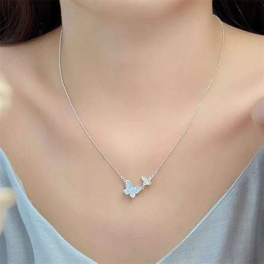 Simple Double Butterfly Blue Rhinestone Necklace Crystal Bracelet Exquisite Earrings Set Ladies Temperament Party Jewelry
