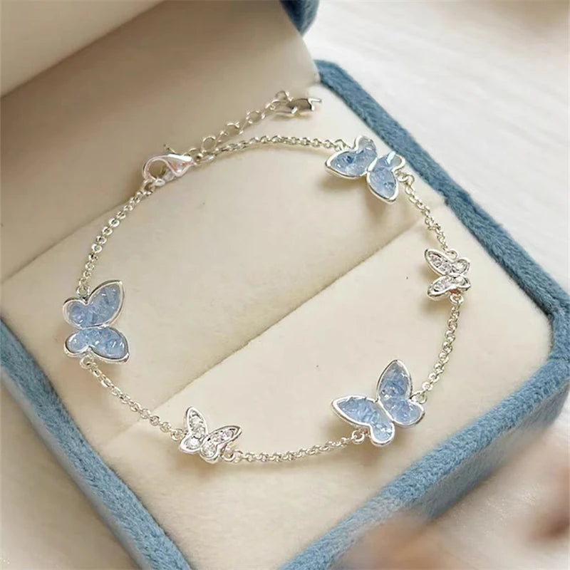 Simple Double Butterfly Blue Rhinestone Necklace Crystal Bracelet Exquisite Earrings Set Ladies Temperament Party Jewelry