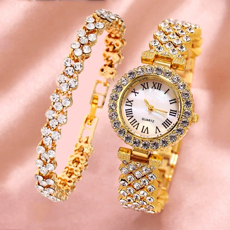 2PCS Women's Rhinestone Quartz Watch & Bracelet Set – Roman Dial Stainless Steel Fashion Gift