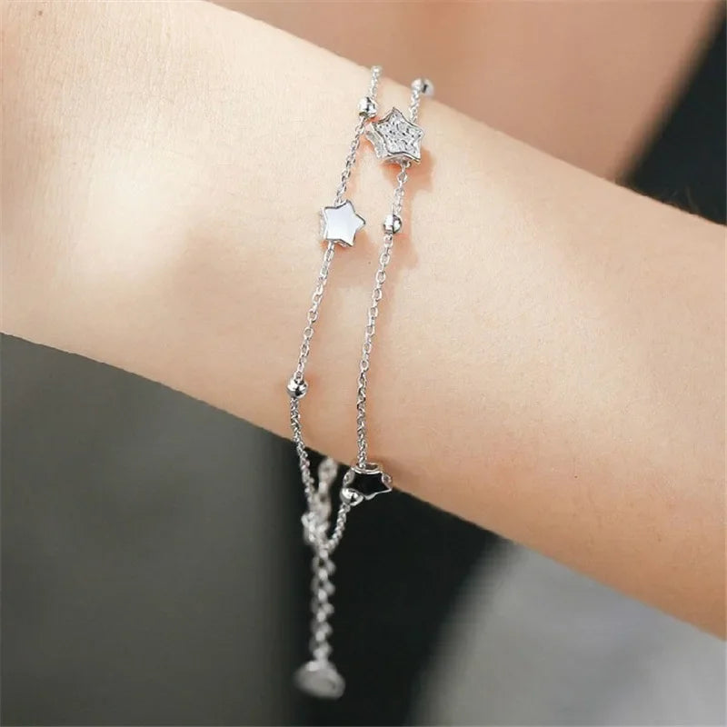 925 Sterling Silver Double Star Crystal Bracelet – Korean Fashion Jewelry for Women & Girls, Wedding & Gift Ready