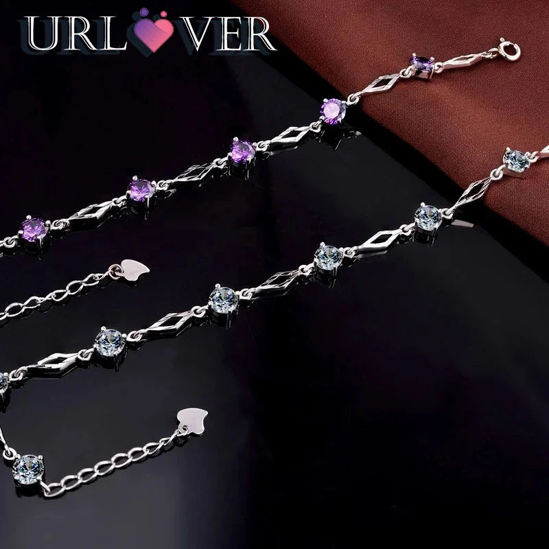URLOVER 925 Sterling Silver Fashion Women Bracelets Purple Zircon Charm Bracelet Fine Jewelry Accessories Gift For Wedding Party
