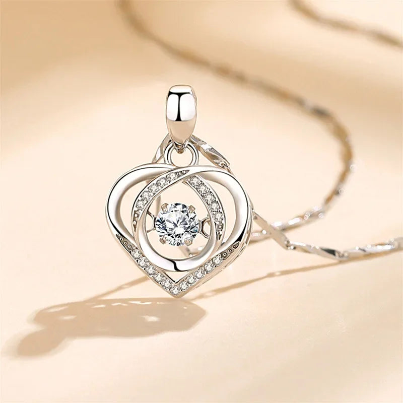 925 Sterling Silver Heart Necklace & Bracelet Set – Vintage Korean Blue Crystal Jewelry for Women | Party Gift Set
