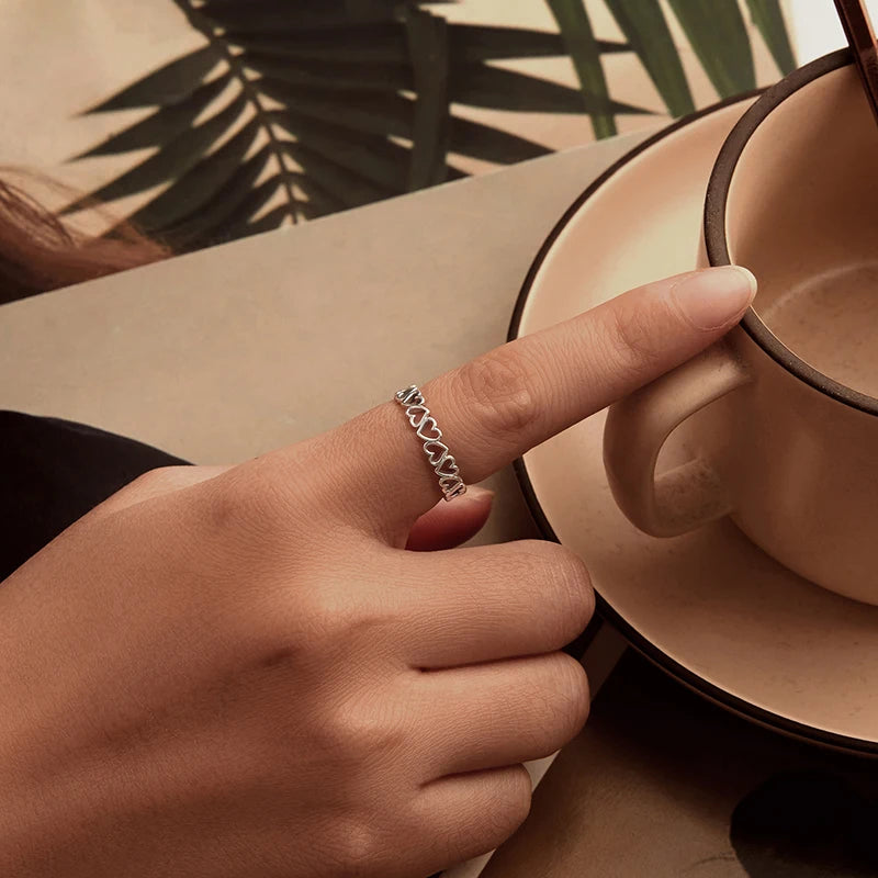 WOSTU 925 sterling Silver Hollow Heart Open Ring Jewelry Lovely Heart-shaped Stackable Rings Gift For Mom
